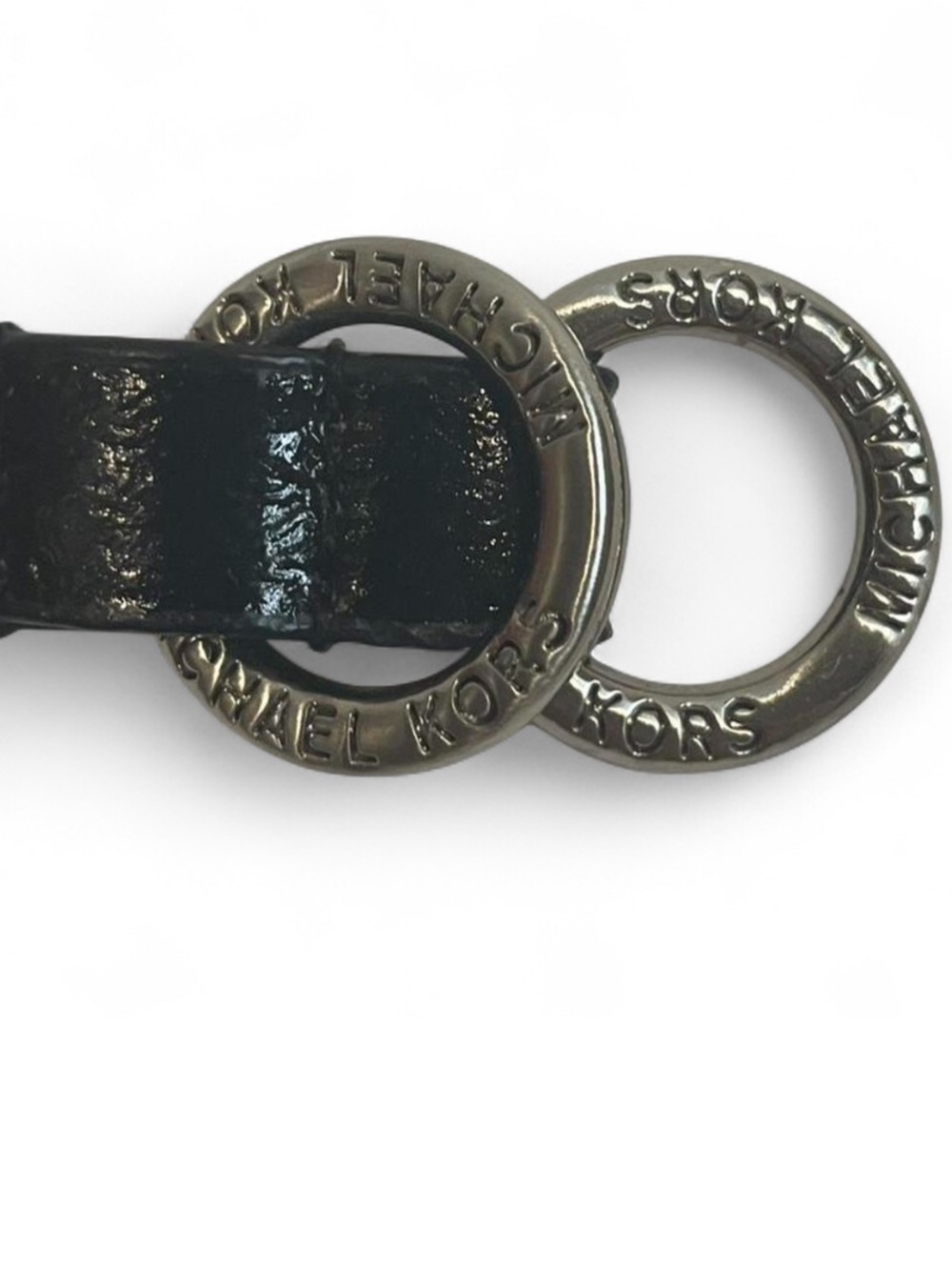 Michael Kors Black Leather Skinny Belt Silver Logo Ring Hardware S/M - Picture 2 of 9